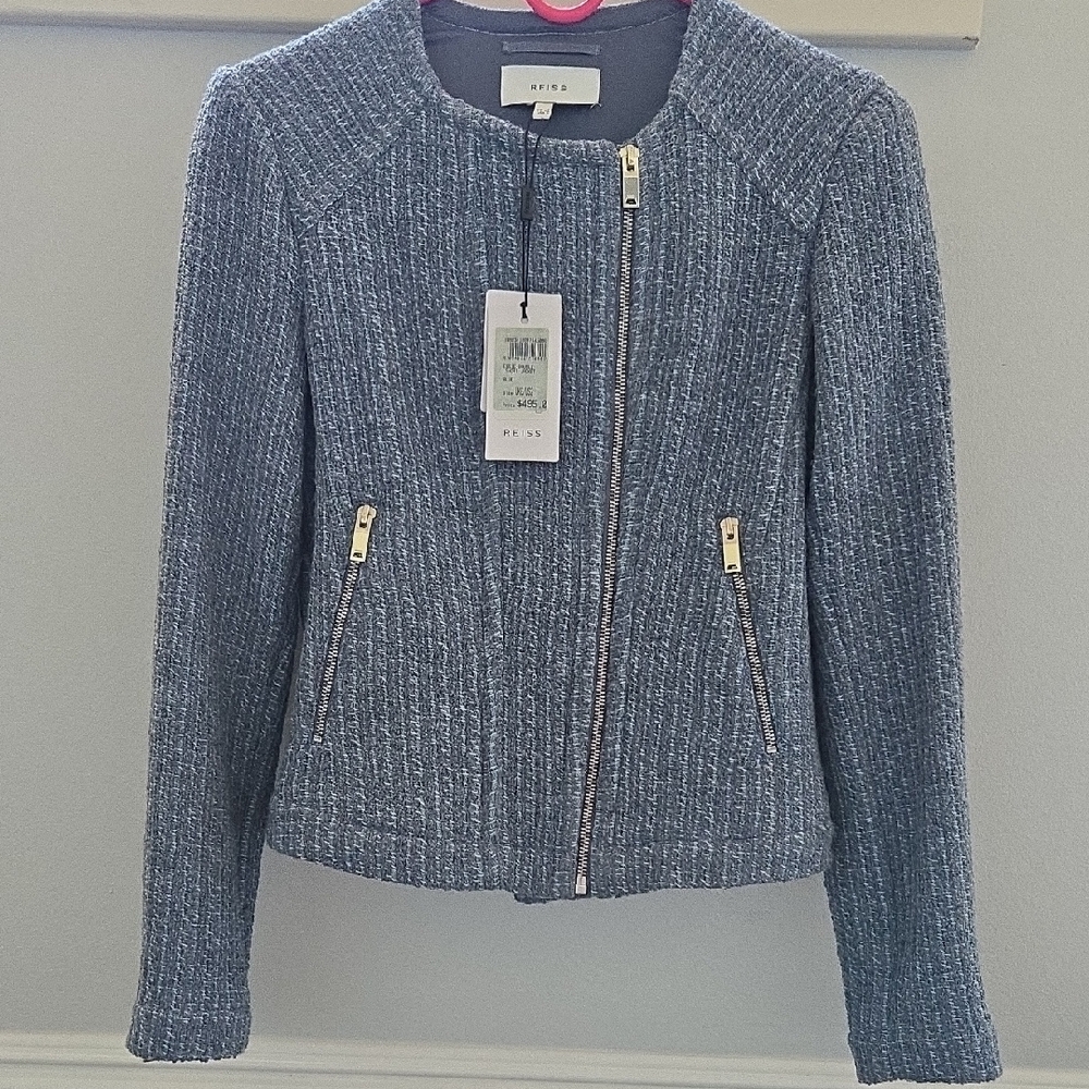 Reiss Essie-Boucle Short Blue Tweed Jacket; Size US 2, UK 6